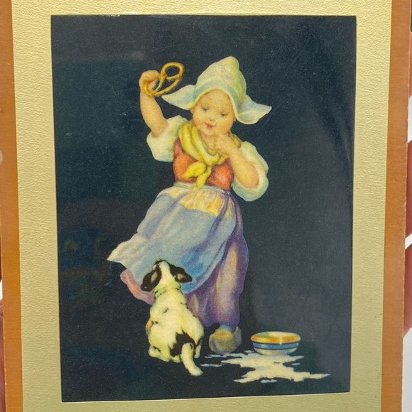 2 Small Antique Wooden Frame Swiss Girls Child Pretzel Jack Russell Terrier Dog - Picture 5 of 9